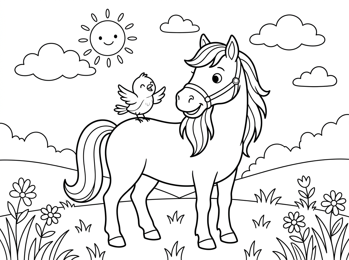 תכין לי ציור של סוס ציפור ושמש