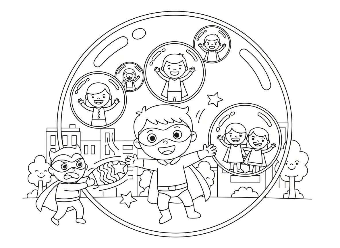 גיבור על עם כוח מגן בועות - ילד גיבור על יוצר בועות מגן סביב אנשים, מגני בועות ענקיים וצבעוניים, התקפות הרשע קופצות מבועות, אנשים בטוחים בפנים מחייכים, השתקפויות קשת על פני הבועה, עיר מוגנת