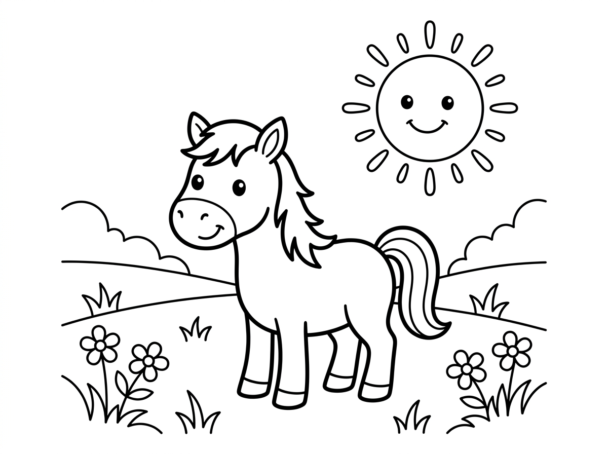 הַשֶּׁמֶשׁ זוֹרַחַת בַּשָּׂדֶה.
סוּס קָטָן עוֹמֵד שָׁם.