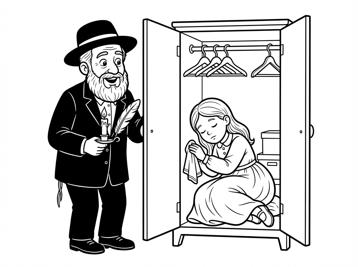 שלום.
אני רוצה שתכיו דף צביעה ובו ילדה עם חצאית ארוכה ושרוולים ארוכים בחולצה.
הילדה נרדמה בתוך ארון בגדים.
אבא שלה חבדניק עם זקן וללא פיאות.לבוש כובע וחליפה מגיע לבדיקת חמץ עם נוצה ונר ופותח את הארון ומגלה את הילדה רדומה עם מטלית ביד.