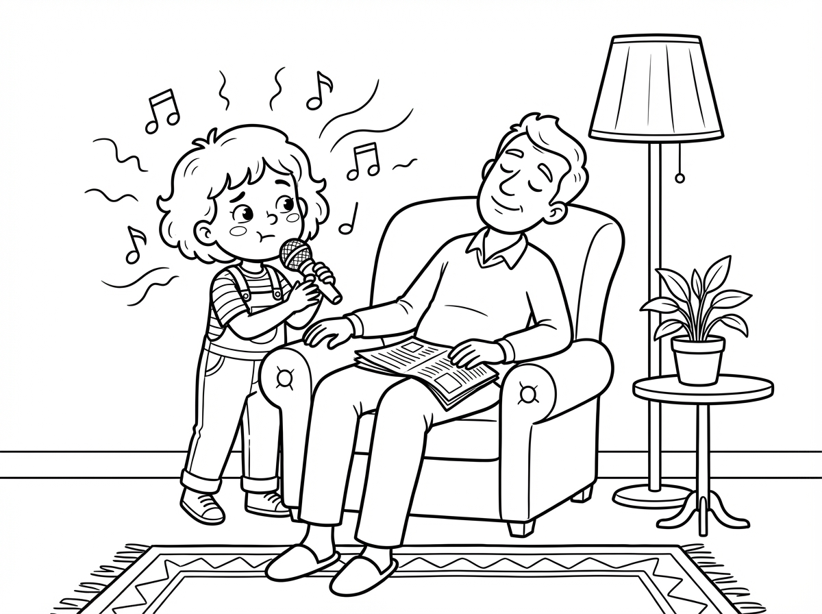 Black and white line art illustration for children's coloring book: A child standing and singing with musical notes around them, while their father has fallen asleep in an armchair with his eyes closed and a peaceful expression. The child looks puzzled and slightly amused at the sleeping father. A cozy 1960s Israeli living room with a simple lamp nearby.