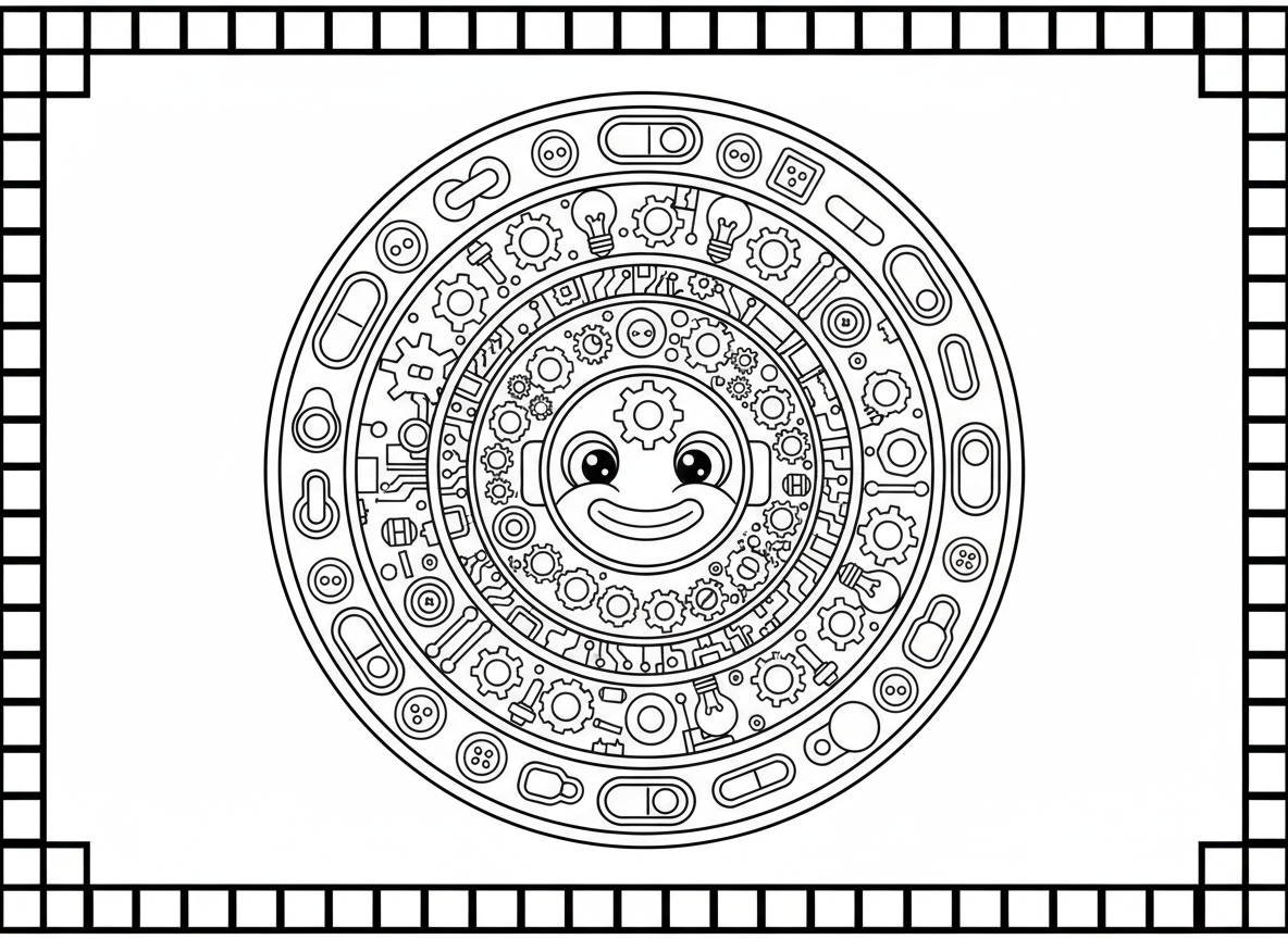 מנדלת רובוטים - מנדלת טכנולוגיה עם פרצוף רובוט במרכז, מוקף בטבעות גלגלי שיניים, דוגמאות לוח מעגלים, ברגים ואומים, נורות, אנטנות, כפתורים ומתגים, גבול פיקסל דיגיטלי