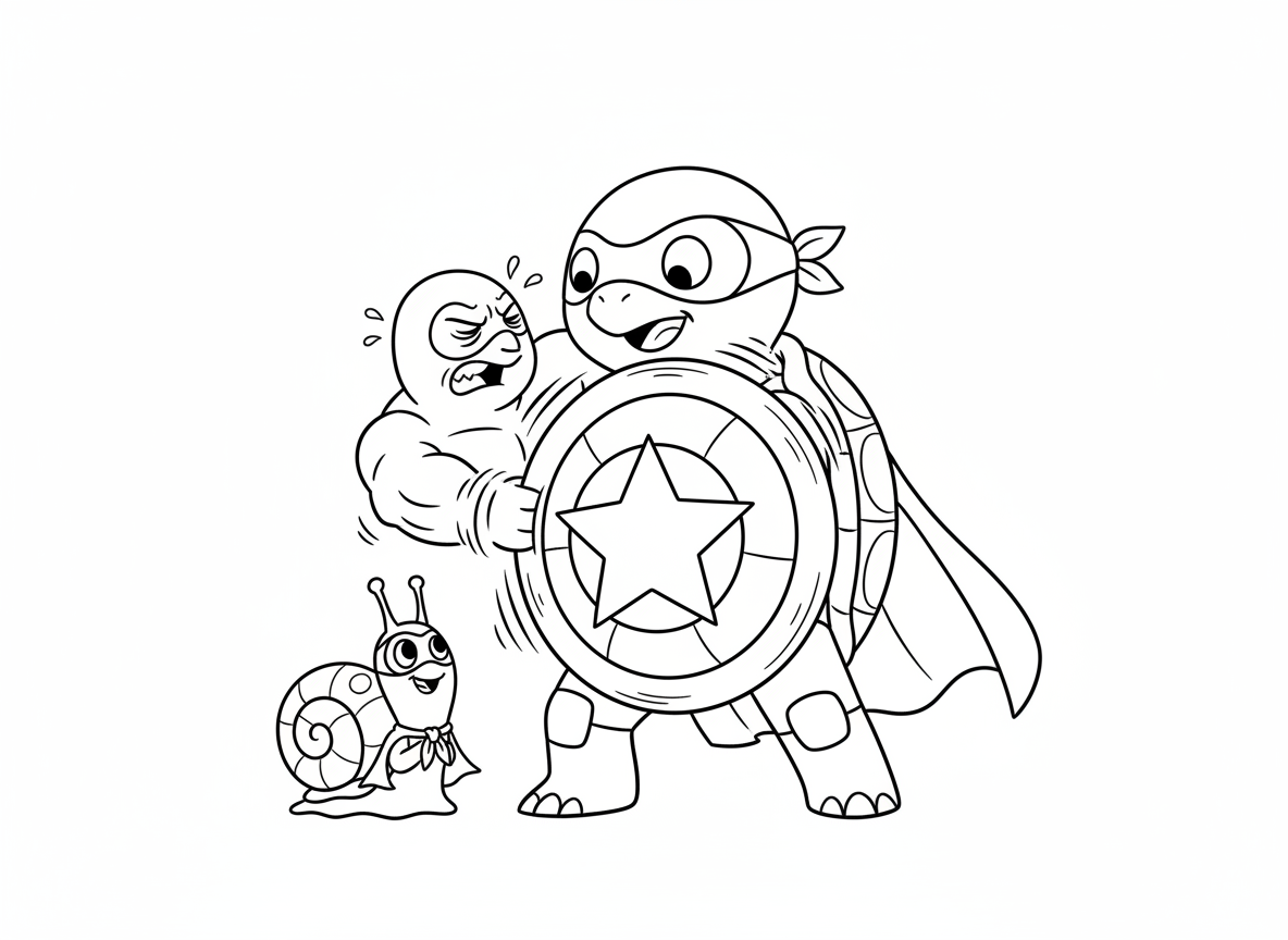 צב גיבור על עם מגן שריון - צב גיבור על שמשתמש בשריון שלו כמגן בלתי ניתן להריסה, שריון עם סמל כוכב, התקפת שריון מסתובב, איטי אבל חזק, מסכה וגלימה זעירות, רשע מכה בשריון ופוגע ביד, חילזון שותף