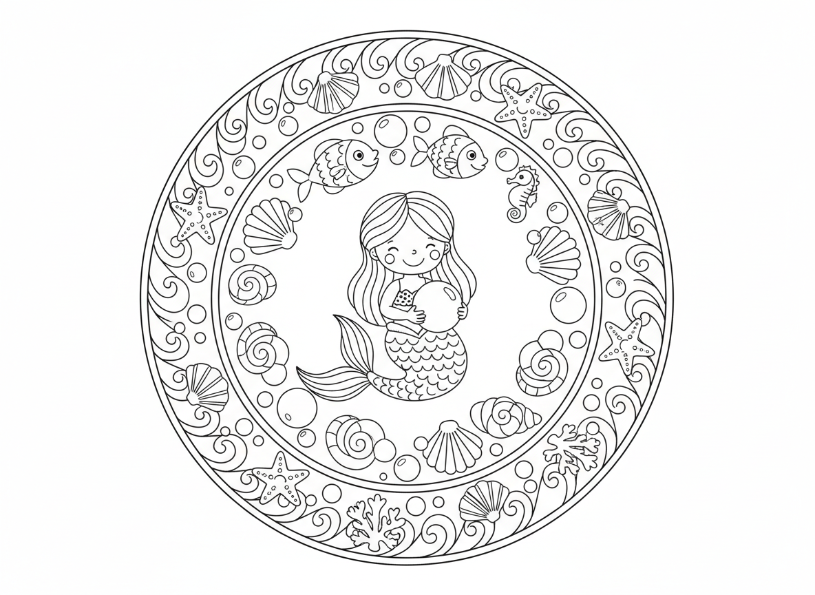 מנדלת בת ים - מנדלה תת-ימית עם בת ים במרכז, מוקפת בטבעות דגים, צדפות, כוכבי ים, סוסוני ים, אלמוגים, בועות ממלאות רווחים, גבול דוגמת גלים, פנינים כנקודות נוי