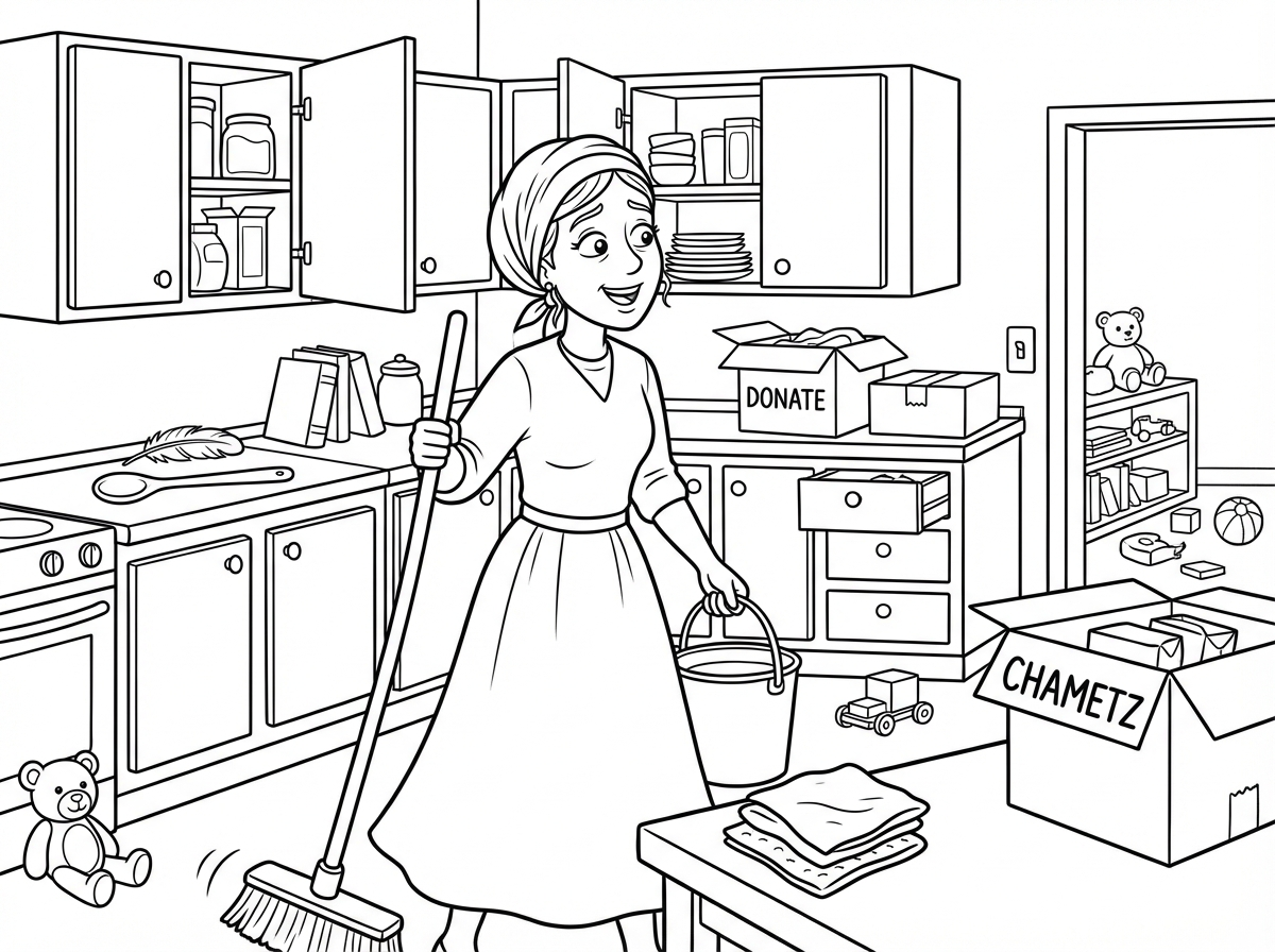 ציור של בית בהכנות לפסח עם אמא שיש לה מטפחת שדורשת עזרה עם מטאטא וחומרי ניקוי