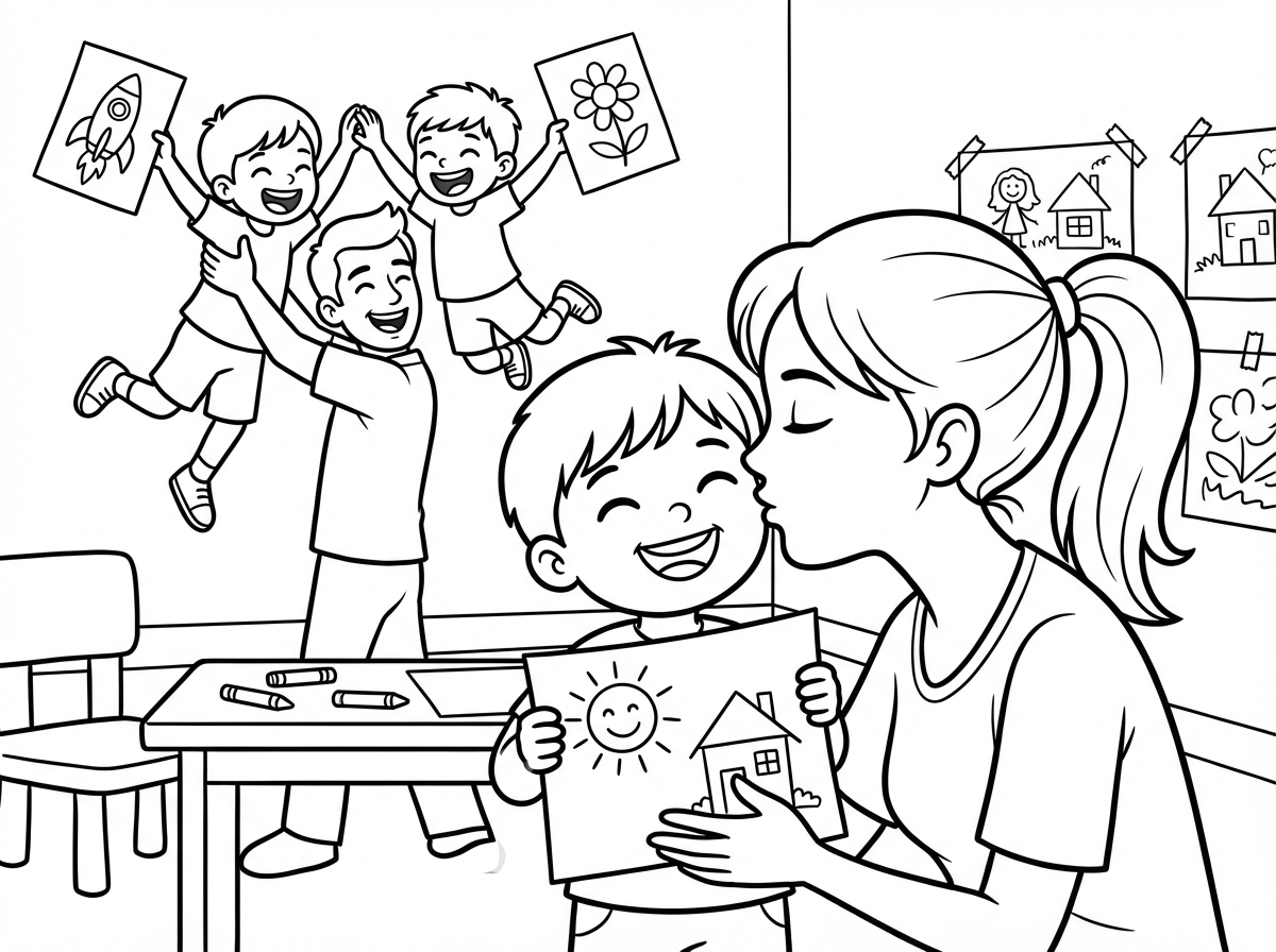 אשמח לקבל תמונה איך שילד מראה לאמא שלו ציור שצייר את המלחמה ואמא שלו נותנת לו נשיקה וילדים אחרים שאבא מרים אותם לכיון השמים כמו מטוס ומראים לו ציורים שצירו