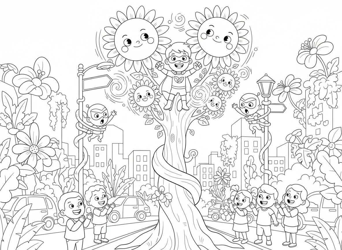 גיבור על עם כוח גידול צמחים - ילד גיבור על שמגדל צמחים ענקיים ברגע, גפנים תופסות רשעים, פרחים ענקיים כמגנים, עץ גדל מתחת לרגליים כדי להרים את הגיבור, ג׳ונגל גדל באמצע העיר, עוברי אורח נדהמים