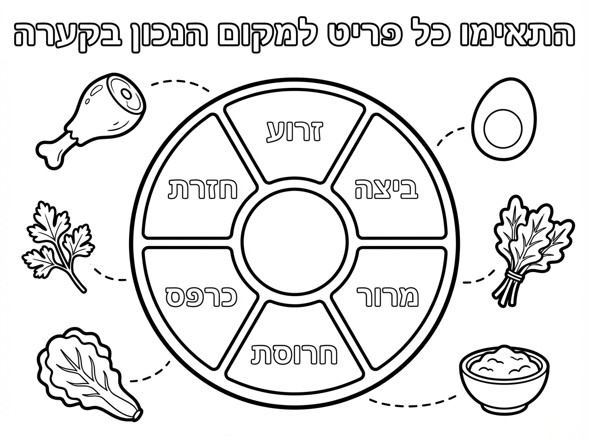 תכין לי ציור של קערת פסח עם כיתוב בעברית
שתהיה הוראה בתחילת הדף:
התאימו כל פריט למקום הנכון בקערה