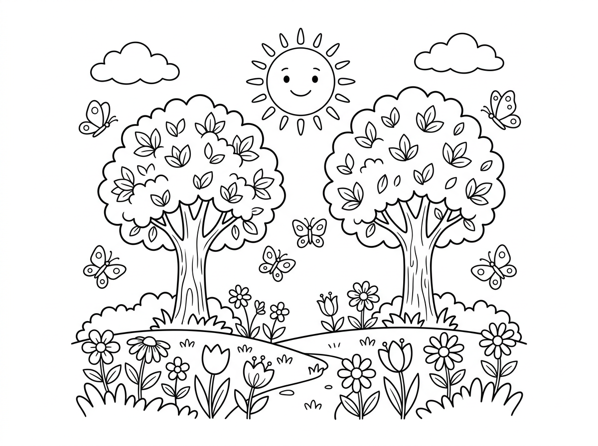 תכין לי בבקשה דף צביעה של יום אביבי.
עם פרחים ועצים ושמש ופרפרים.