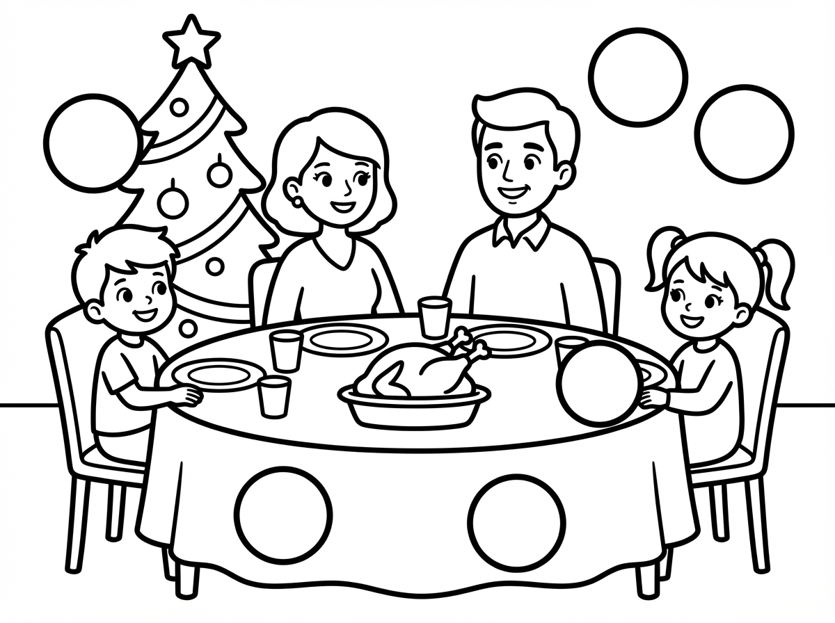 תיצור לי ציור של משפחה בשולחן חג כמה שפחות פריטים בתוך התמונה.
תשלב עיגולים להדבקת מדבקות בתוך הציור