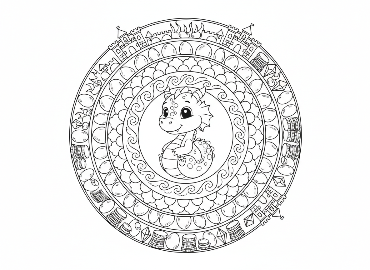 מנדלת דרקון - מנדלת פנטזיה עם דרקון חמוד במרכז מכורבל בעיגול, מוקף בטבעות להבות, דוגמת קשקשים, ביצי דרקון, מטבעות אוצר, קריסטלים, מגדלי טירה בטבעת חיצונית