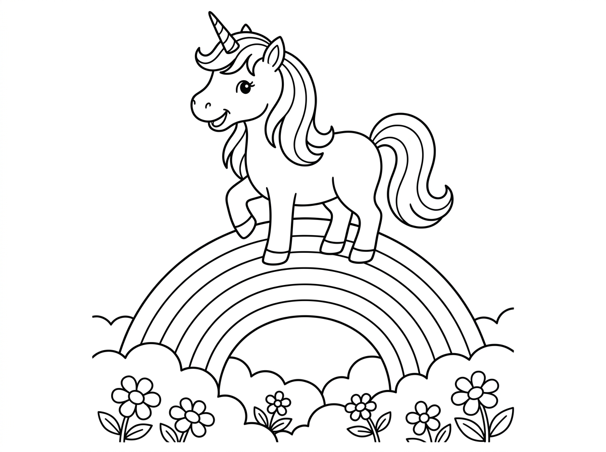 חד קרן על קשת בענן ועננים ושיהיה גם פרחים