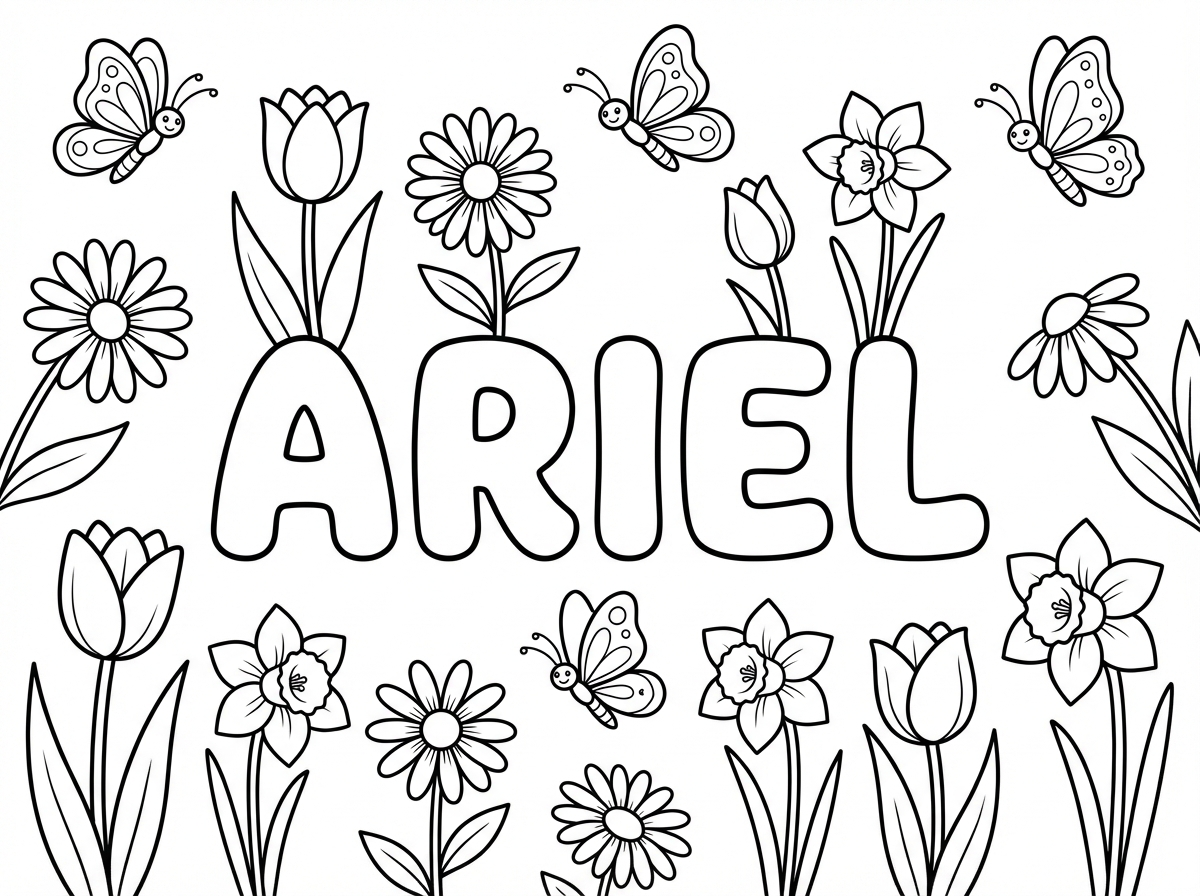 אפשר להכין לי גף צביעה שכתוב אריאל ומסביב יש פרחים ופרפרים כמו האביב?