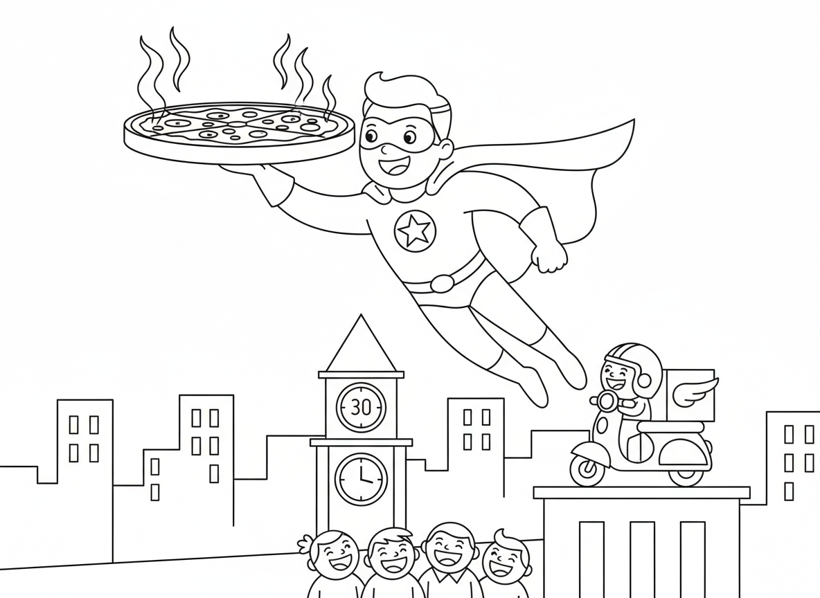 גיבור על שליח פיצה - גיבור על שליח פיצה עף כדי להגיש פיצה בזמן, קופסת פיצה ענקית מאוזנת על יד אחת, גלימה מתנופפת, קטנוע פיצה חונה על גג, טיימר מראה שלושים דקות, לקוחות רעבים ממתינים למטה, קיטור מפיצה חמה