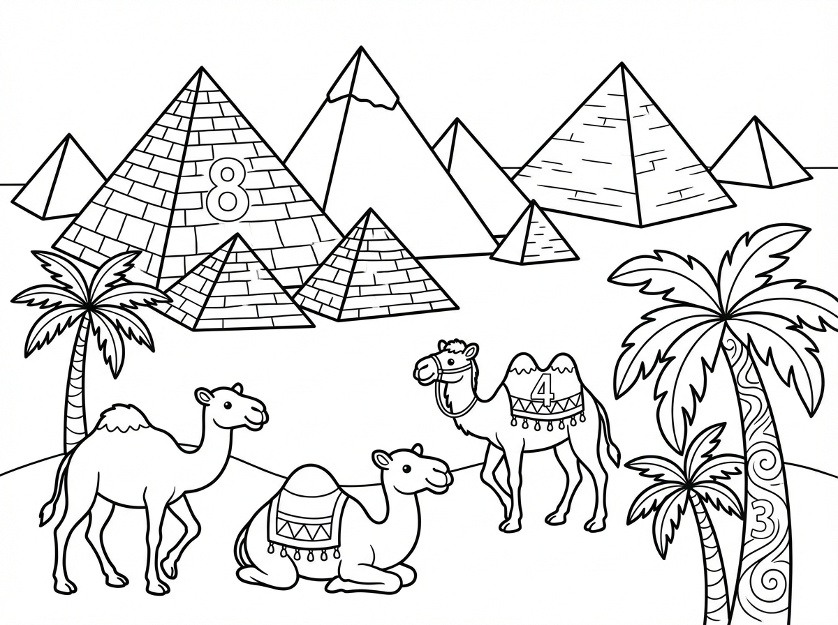 דף עם 8 פירמידות,4 גמלים ו3 דקלים,הספרות : 8,4,3 מתחבאים בציור