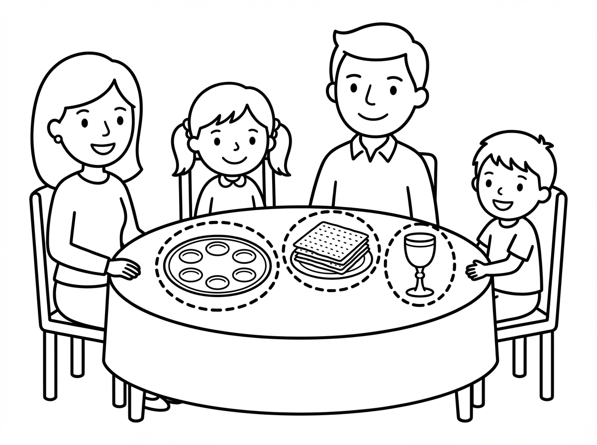 תכין לי בבקשה ציור של משפחה יושבת סביב שולחן ליל הסדר בלי הרבה פריטים ועם עיגולים מסביב למדבקות