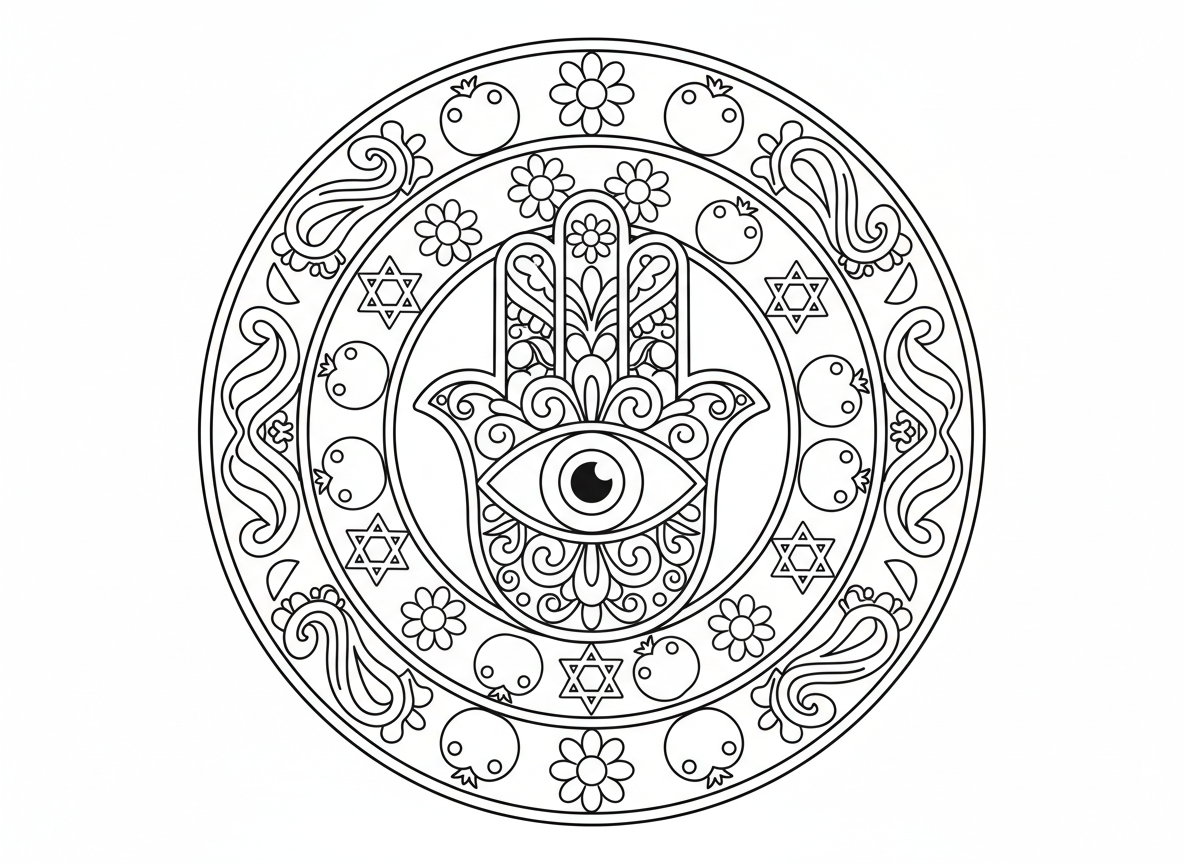 מנדלת יד חמסה - מנדלה מרכזה יד חמסה דקורטיבית, עין הרע במרכז כף היד, מוקפת בטבעות פרחים, דגים, רימונים, מגני דוד, דוגמאות פייזלי, סגנון עיטור מזרח תיכוני