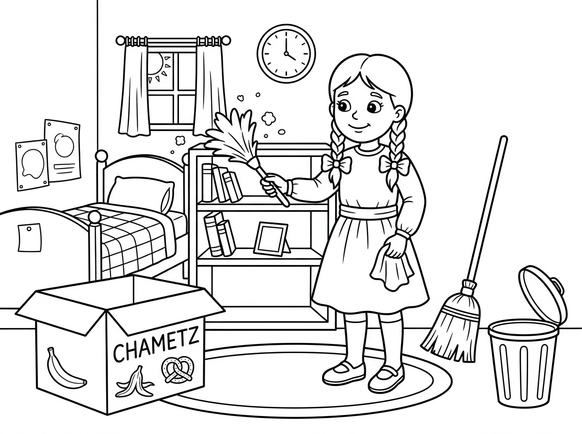 תיצור לי תמונה של ילדה עם שמלה שמכסה את המרפק וגרביים עד הברך עם שתי צמות. הילדה מנקה את החדר שלה לפסח