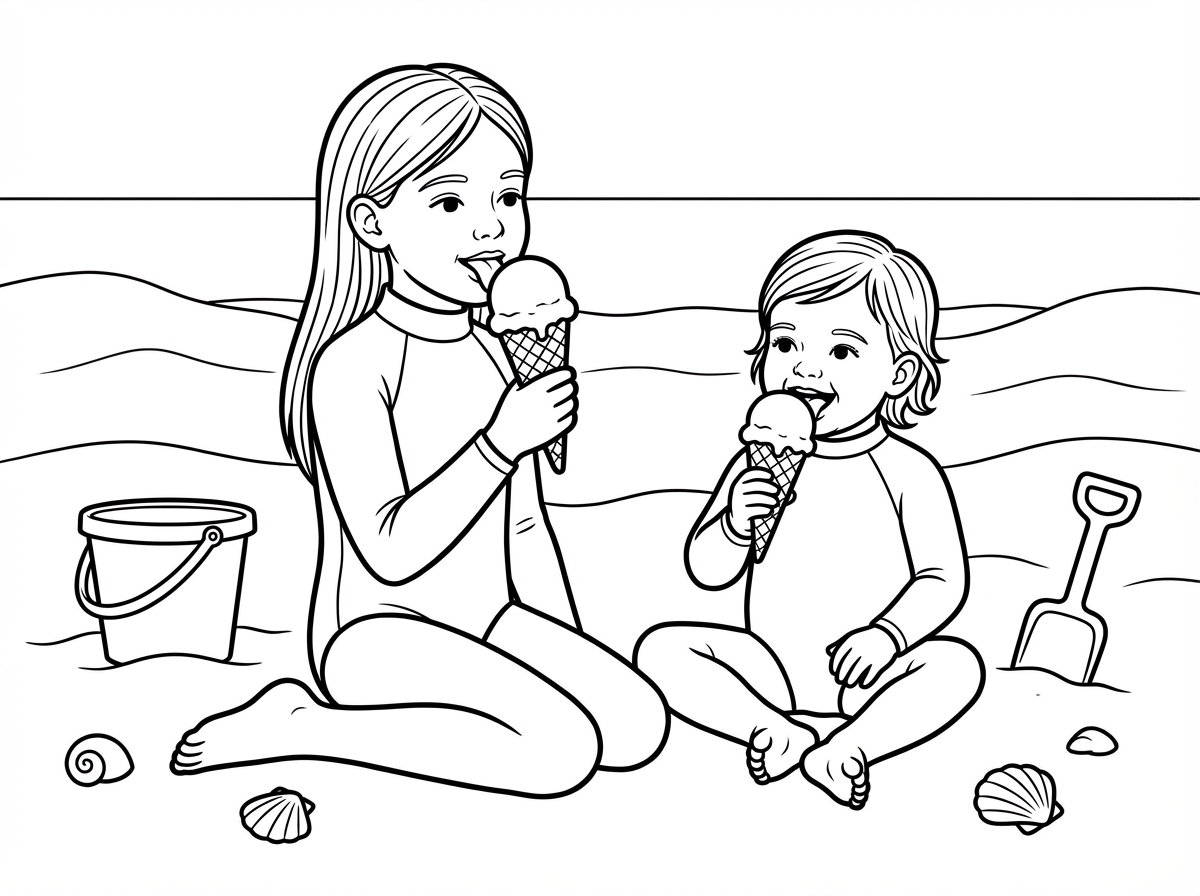 היי תוכל בבקשה ליצור לי ילדה בת 6 יושבת על חוף הים יש לה בגד ים בצבע ורוד שרוולים ארוכים פתח צוואר סגור יש לה שיער בלונדיני ארוך וחלק היא יושבת עם אחותה הקטנה ויש לאחותה אותו בגד ים ושני הילדות אוכלות ארתיק.