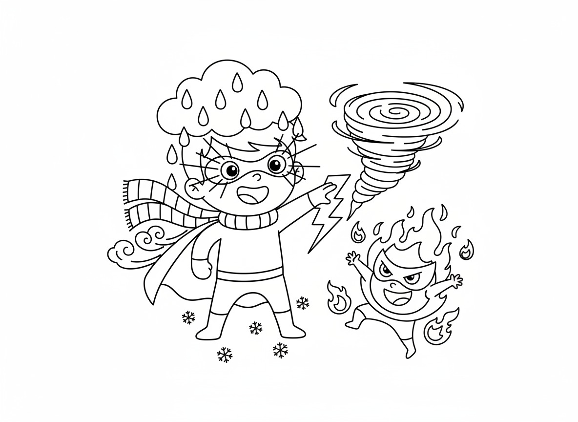 גיבור על עם כוחות שליטה במזג אוויר - ילד גיבור על שולט במזג אוויר, יד אחת יורה ברקים, יד שנייה יוצרת טורנדו, כובע ענן גשם, שמש מהעיניים, שלג מהרגליים, צעיף קשת, גלימת רוח, סערה נלחמת ברשע אש