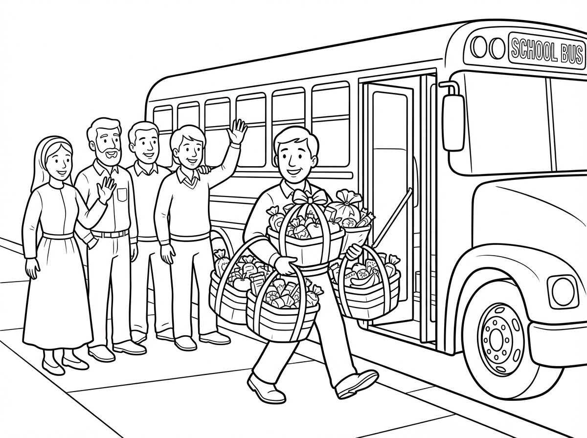 תעשה לי אדם מסתובב ברחוב עם ארבעה משלוחי מנות גדולים ליד האוטובוס ולידו יש 3 מבוגרים ורשה אחת לבושה צנוע נפרדים ממנו לשלום כשהוא עולה לאוטובוס