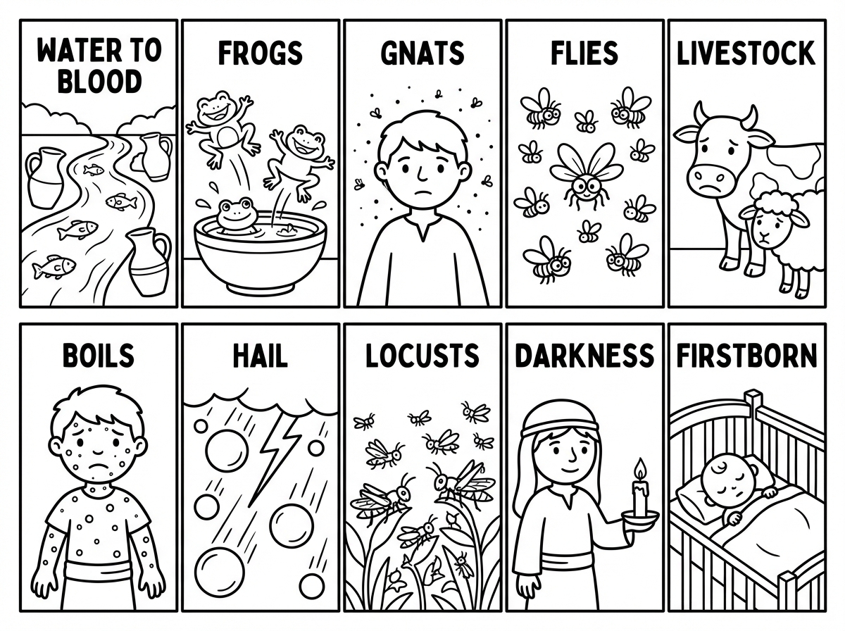 אפשר דף צביעה מיוחד שמחולק לחלקים בכל חלק אחת ממכות מצרים