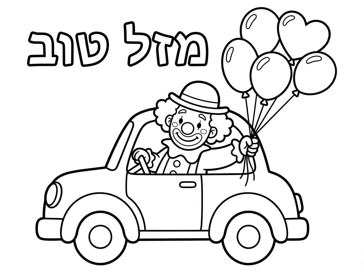 ליצן מחזיק בלונים ונוסע על מכונית עם כיתוב מזל טוב