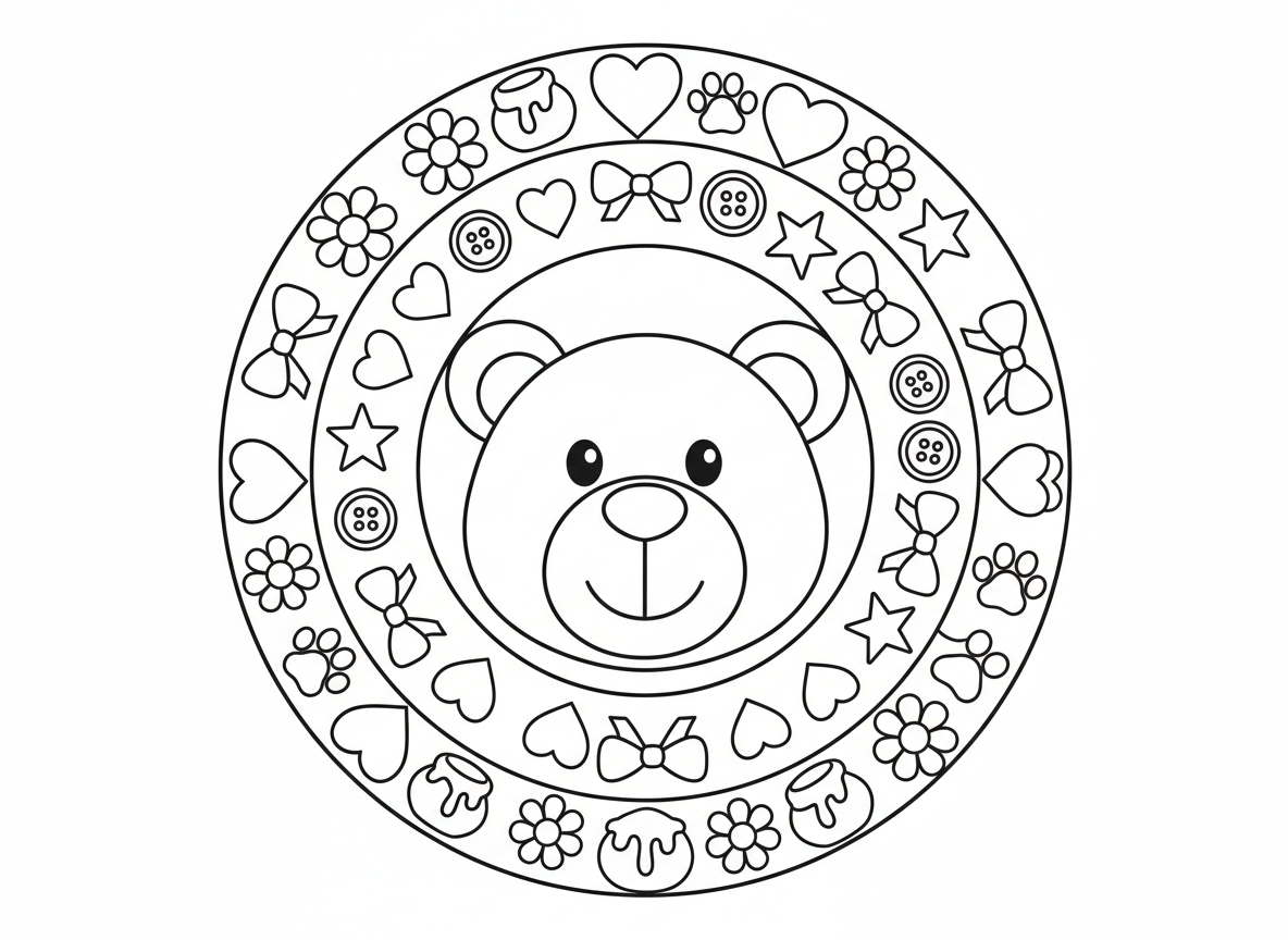 מנדלת דובון - מנדלה חמודה עם פרצוף דובון במרכז, מוקף בטבעות לבבות, כוכבים, כפתורים, פפיונים, טביעות כפות, סירי דבש, פרחים, עיצוב פשוט ומתוק לילדים קטנים