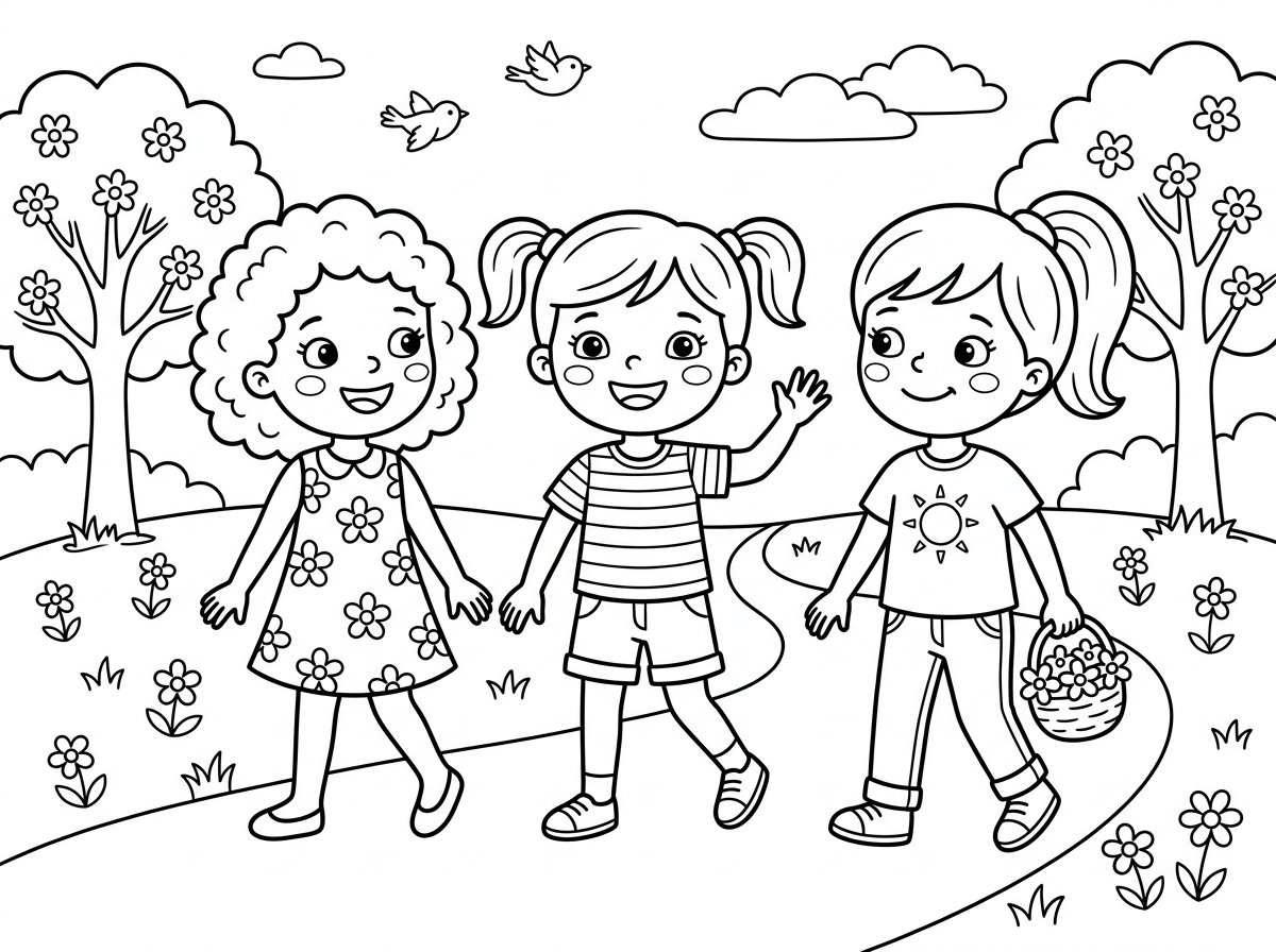 אני רוצה שתכיני לי דף צביעה בנושא אביב בנות מטיילות