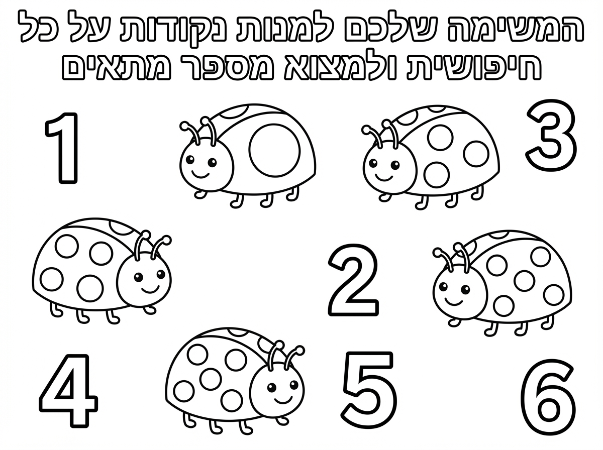 יש טעות בדף צביעה! חסרה חיפושית עם נקודה אחת. תמחק חיפושית אחת עם שש נקודות. מספר שש מופיע פעמיים. תצייר מספר שש רק פעם אחת.