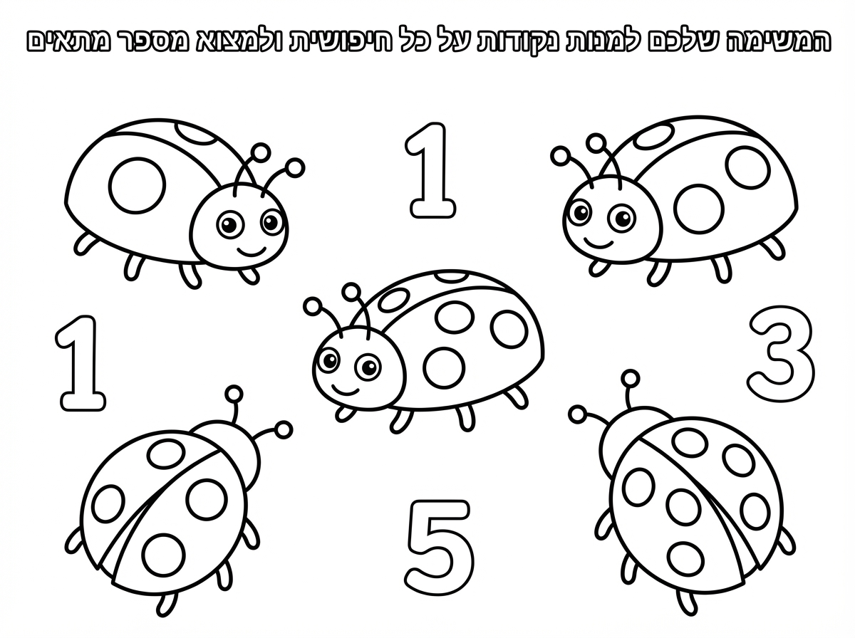 יש טעות בדף צביעה. יש ליצור חיפושיות, כל חיפושית מופיעה רק פעם אחת ועל כל אחת כמות שונה של נקודות מנקודה אחת בלבד עד 5 נקודות. כמו כן, על הדף מפוזרים מספרים. כל מספר מופיע פעם אחת. המספרים הם: אחד, שתיים, שלוש, ארבע, חמש.