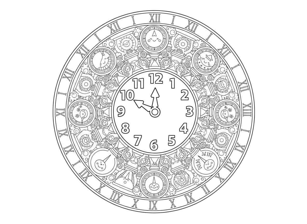 מנדלת שעון עם מספרים - מנדלה מעוצבת כלוח שעון, מספרים 1-12 מסודרים בעיגול, מחוגים במרכז, מוקפת בטבעות שעוני חול, שעוני שמש, שעוני כיס, גלגלי שיניים, מטוטלות, ספרות רומיות בטבעת חיצונית