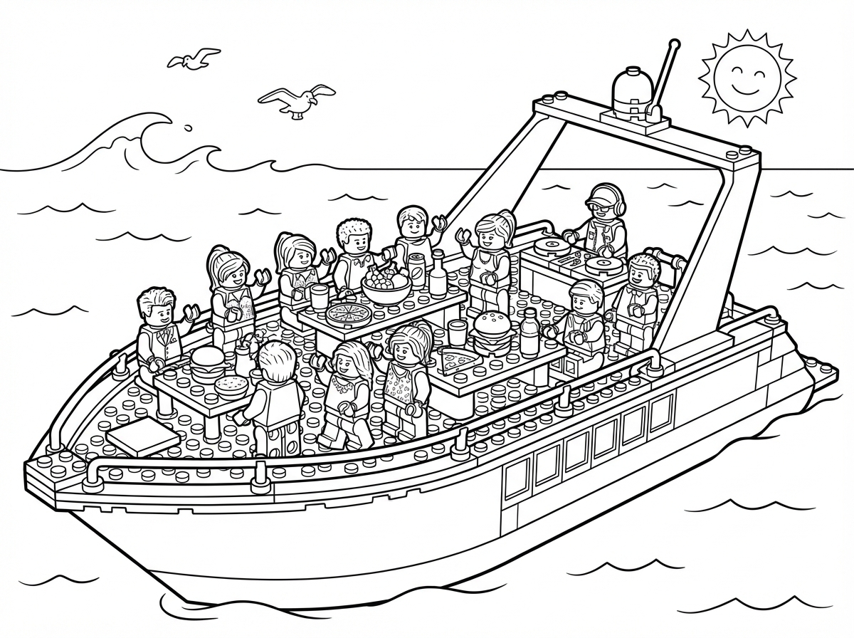 צור לי תמונה של יאכטה בים למסיבת אנשי לגו היאכטה עם שתיה אוכל רק אנשים