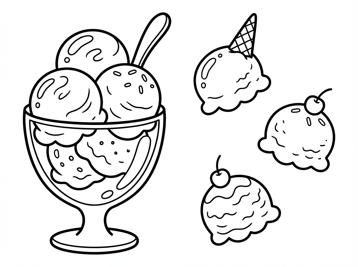 תכין לי בבקשה דף צביעה של גביע גלידה עם 4 כדורים אחד על השני.
ובצד תכין לי בבקשה רק את הכדורים.