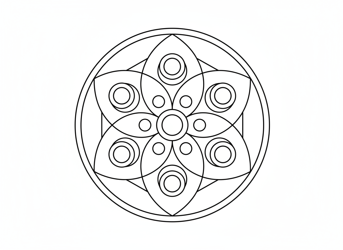 מנדלת פרח החיים גאומטריה קדושה - דוגמת פרח החיים גאומטריה קדושה מפושטת, עיגולים חופפים יוצרים צורות עלי כותרת, עיצוב גאומטרי סימטרי, עיגולים בתוך עיגולים, דוגמאות משושיות צצות, קווים נקיים ומדויקים