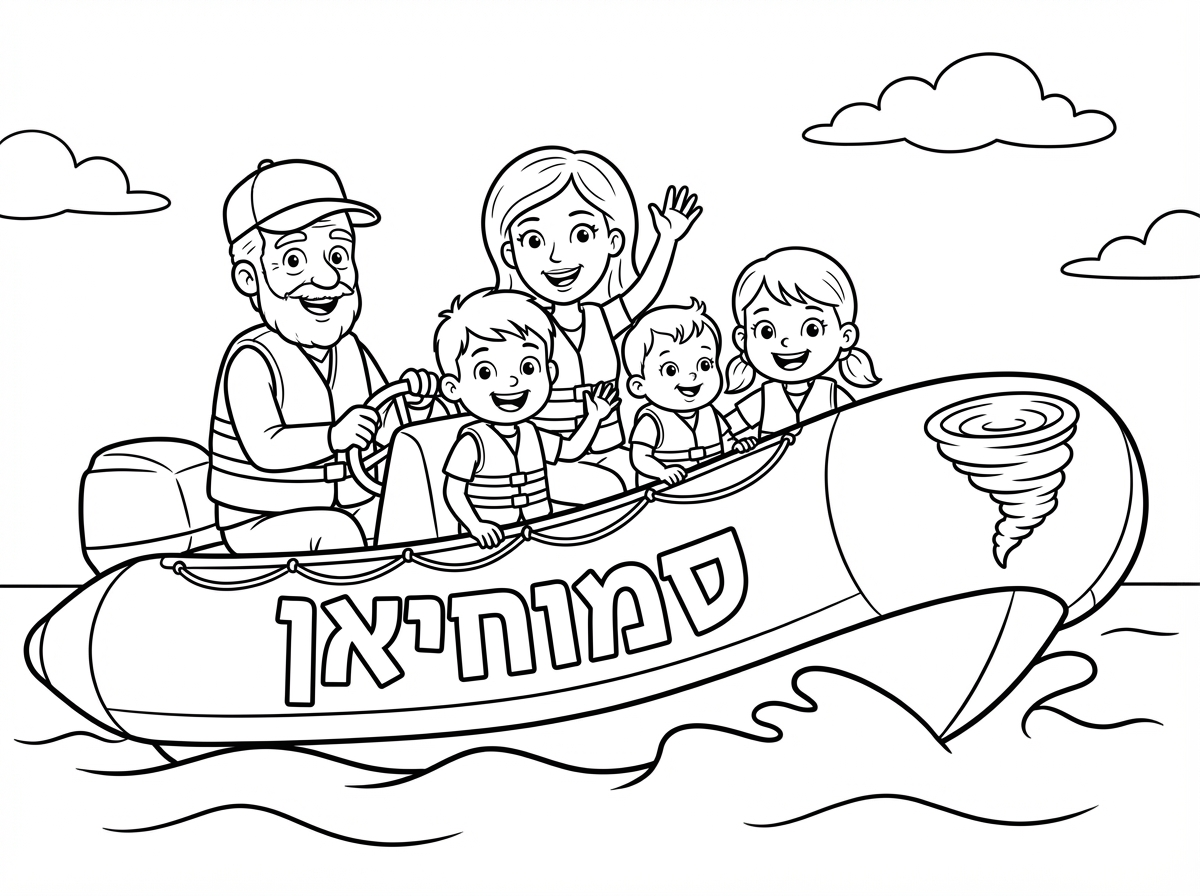 סבא, אמא, שלושה ילדים על סירנת סירת טורנדו, שכתוב על הסירה סמוחיאן.