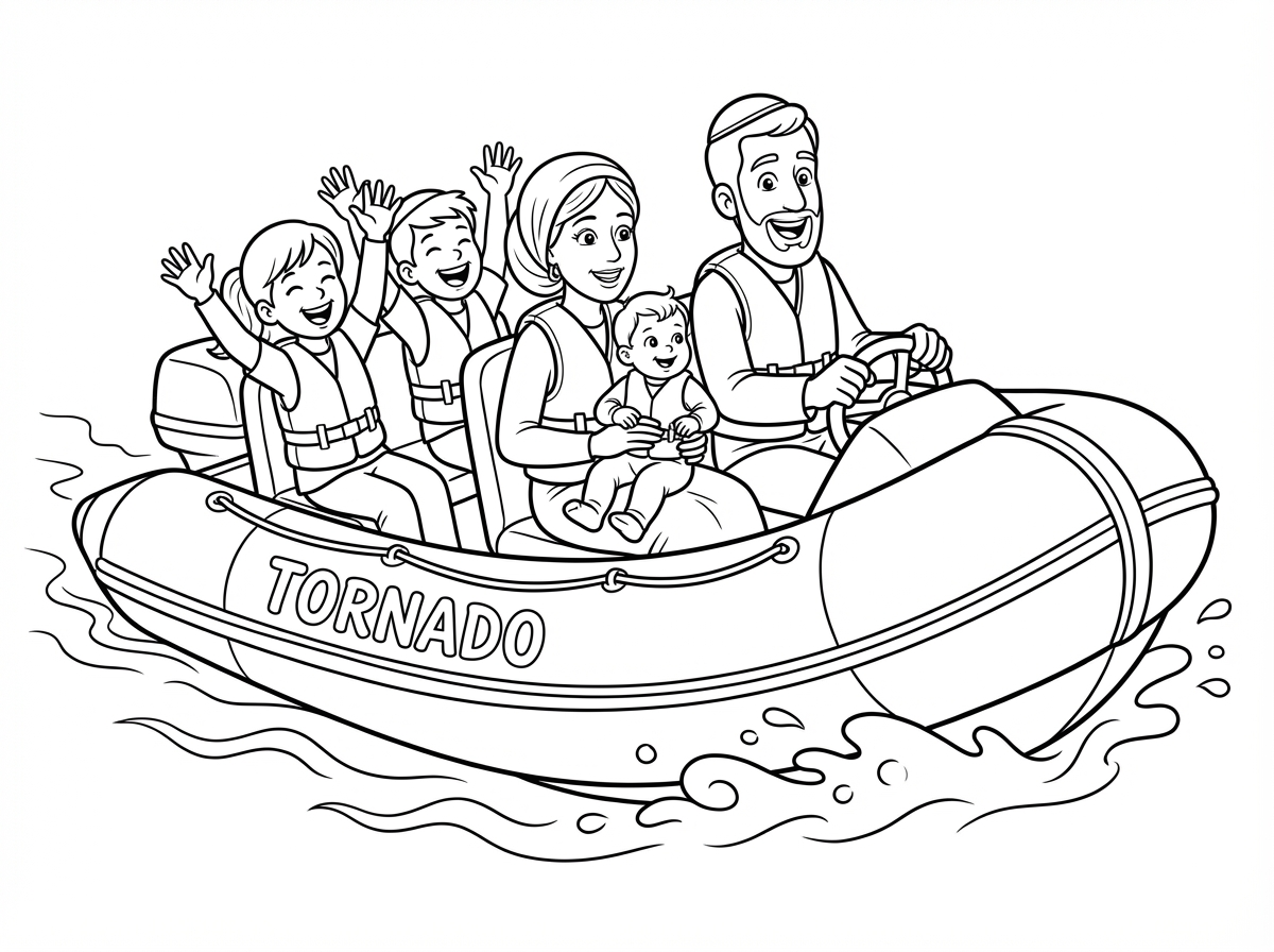 ציור של אבא עם כיפה ואמא עם כיסוי ראש ושלוש ילדים אחד קטן, שתיים גדולים על סירת טורנדו.