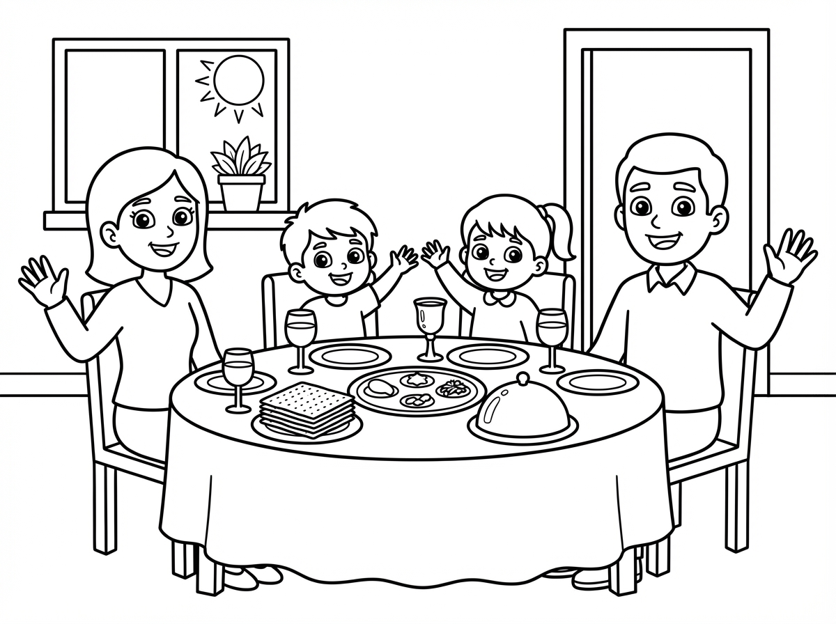 דף צביעה שולחן חג פסח עם משפחה סביבו