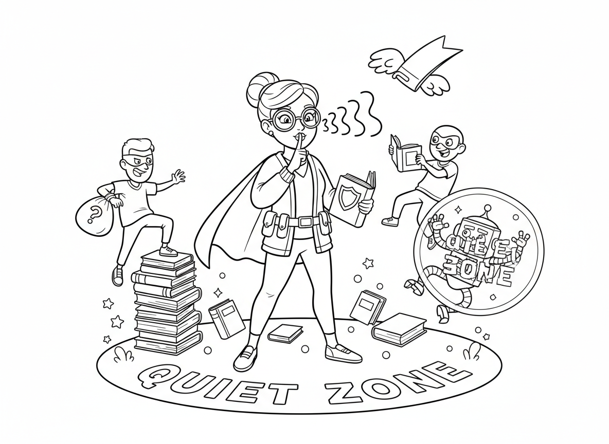 גיבור על ספרן משתיק רשעים - גיבור על ספרן שהכוח שלו הוא שששש סופר שמקפיא רשעים, מגן ספר, בומרנג סימנייה, משקפי קריאה עם ראיית רנטגן, גלימת קרדיגן, רשע קפוא באמצע פעולה מגל שתיקה, שדה כוח אזור שקט