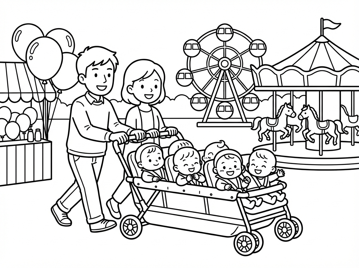 ציור  של משפחה גדולה חמישה תינוקות בלונה פארק