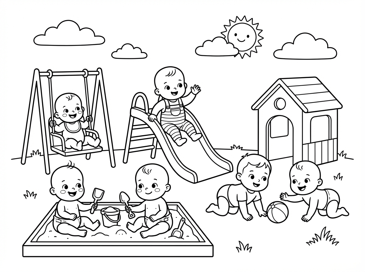 6 תינוקות  משחקים בגן שעשועים