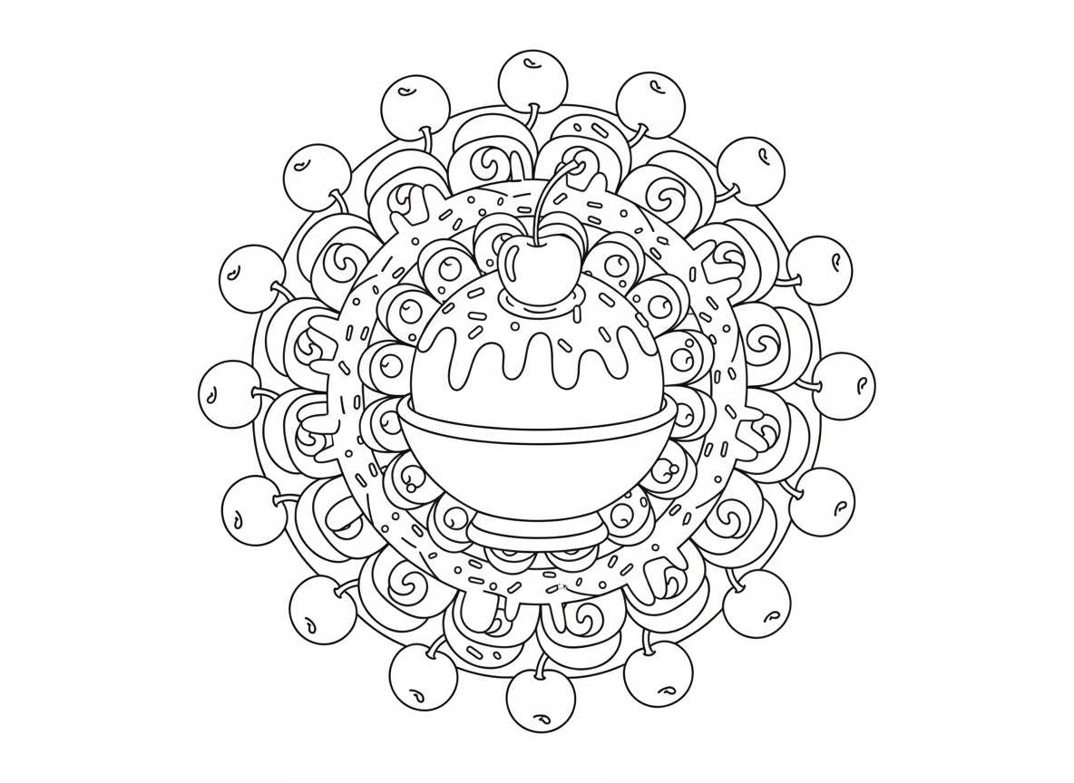 מנדלת סאנדיי גלידה - מנדלה טעימה בצורת סאנדיי גלידה מלמעלה, כדור גלידה במרכז, טבעות תוספות שונות, מערבולות קצפת, טפטופי רוטב שוקולד, טבעת סוכריות צבעוניות, דובדבן בראש חוזר בעיגול