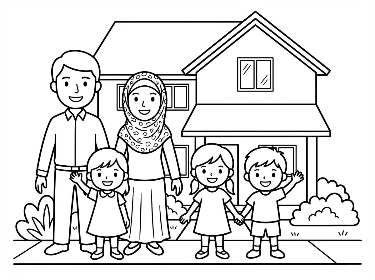 בית עם משפחה מלפני הבית. אבא, אמא עם מטפחת וחצאית, וארבעה ילדים דתיים שתי בנות ושני בנים