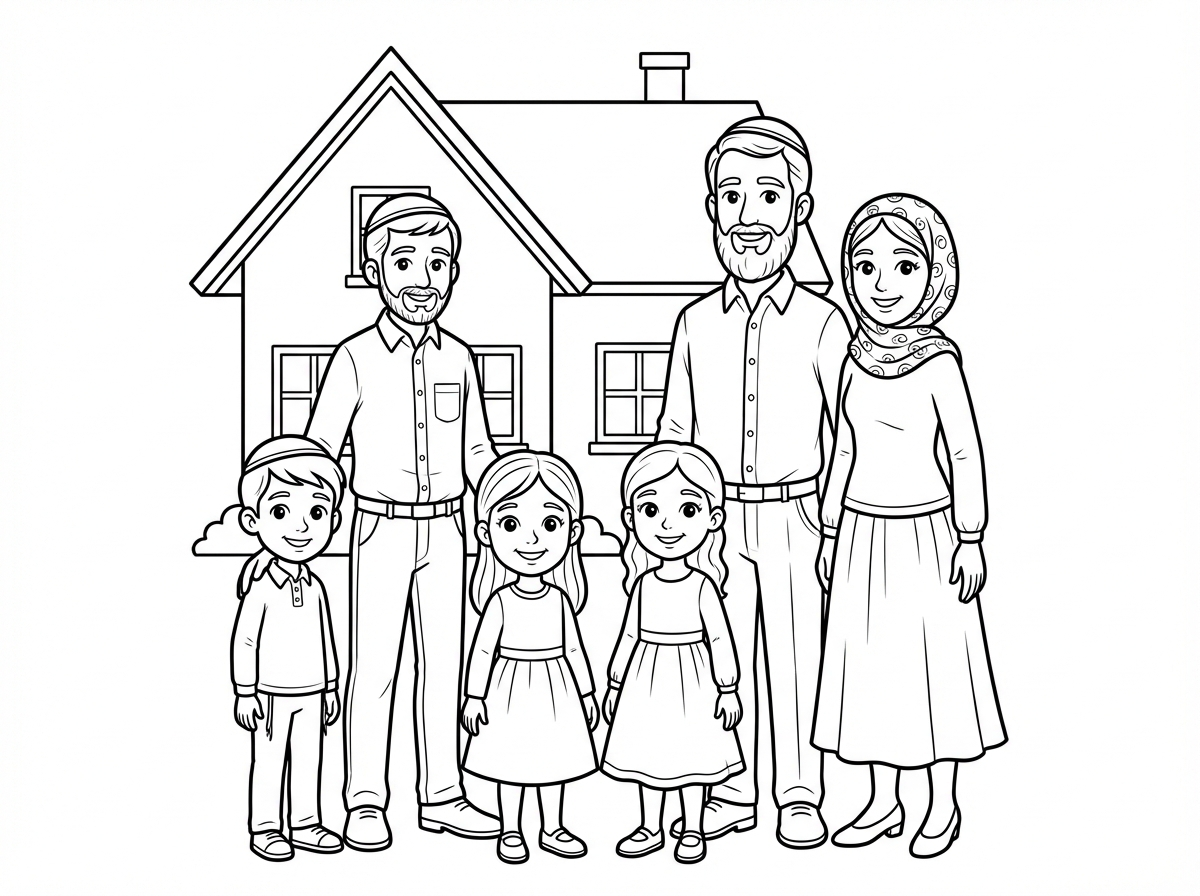 בית עם משפחה יהודית דתית מקדימה. אבא, אמא עם מטפחת וחצאית, שני בנים ושתי בנות
