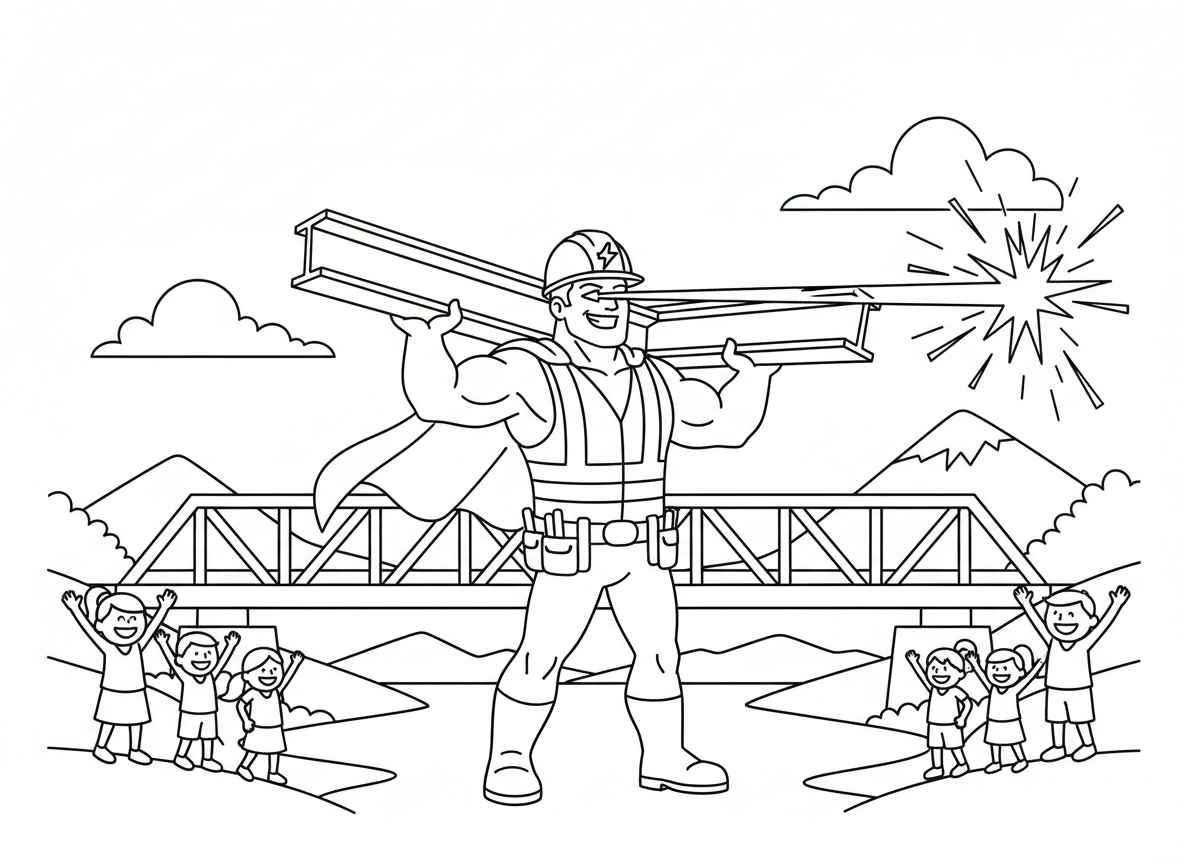 גיבור על פועל בניין בונה גשר - גיבור על פועל בניין משתמש בסופר כוח לבנות גשר לבד, נושא קורת פלדה על כל כתף, מרתך עם עיני לייזר, קסדה עם לוגו גיבור, גלימת אפוד בטיחות, אנשים מריעים