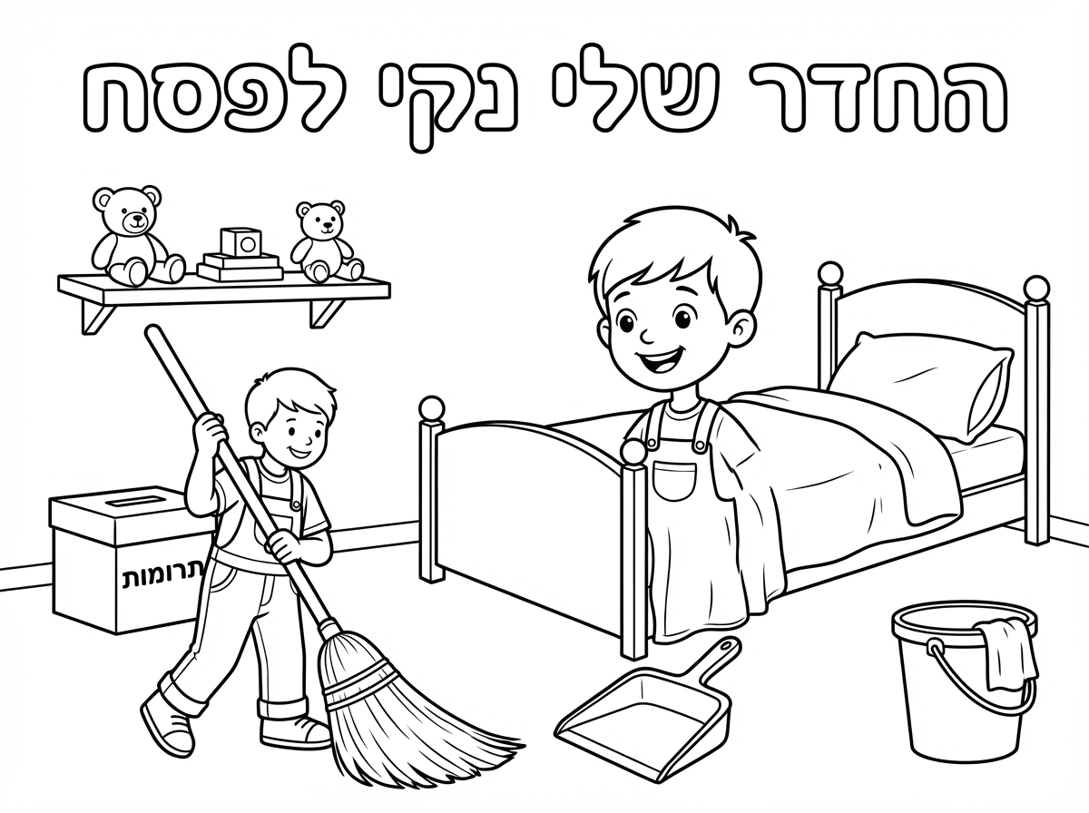 אשמח לציור ניקיון הבית לפסח עם כיתוב החדר שלי נקי לפסח