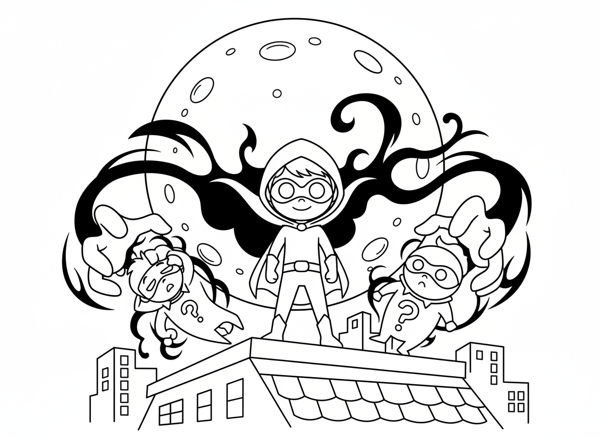 גיבור על עם כוחות צל בלילה - ילד גיבור על מסתורי ששולט בצללים, ידי צל תופסות רשע, גלימת צל שמתארכת וזזה, עיניים לבנות זוהרות, עומד על גג בלילה, ירח מלא מאחור, אורות עיר למטה