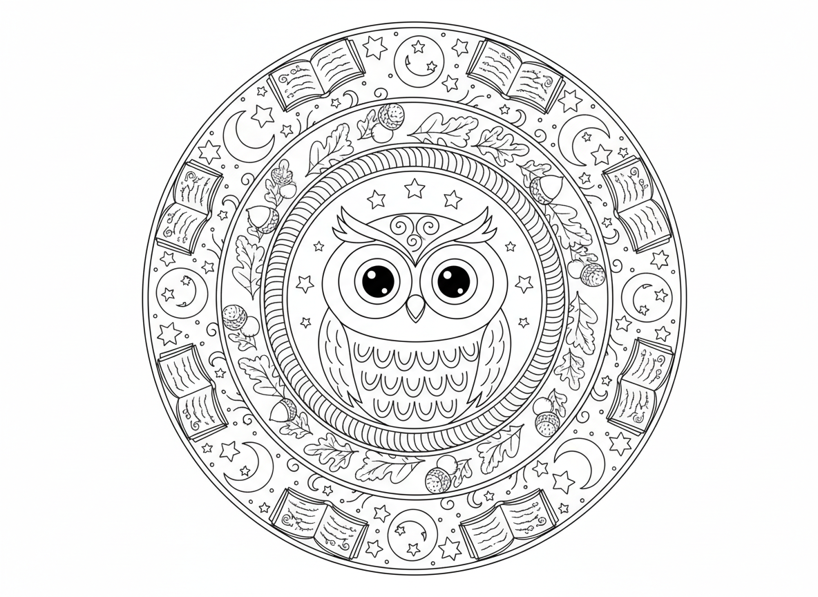 מנדלת ינשוף - מנדלת ינשוף חכם עם פרצוף ינשוף עם עיניים גדולות במרכז, מוקף בטבעות דוגמאות נוצה, עלים, בלוטים, ירחים, כוכבים, ענפים, ספרים חכמים בטבעת חיצונית, נושא לילי