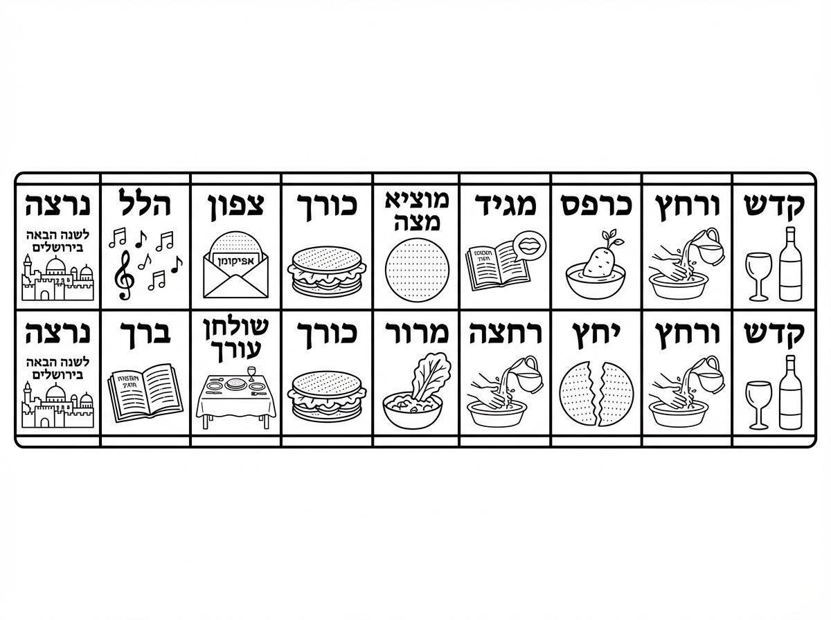 יפה מאוד!

אני רוצה רק קצת לדייק אותך:
א. תתחיל את הסימנים מצד ימין ולא משמאל.
ב. מעדיפה בכתב- פונט אהרוני.
ג. ב"קדש"- תעשה ציור של כוס בלי ידית עם תחתית לכוס ולידה עומד בקבוק יין.
ד. צפון- מצה עגולה בתוך מעטפה. תמיד מצה עגולה!
ה. כל משבצת צריכה להיות בגודל 5 ס"מ על 3 ס"מ לרוחב.