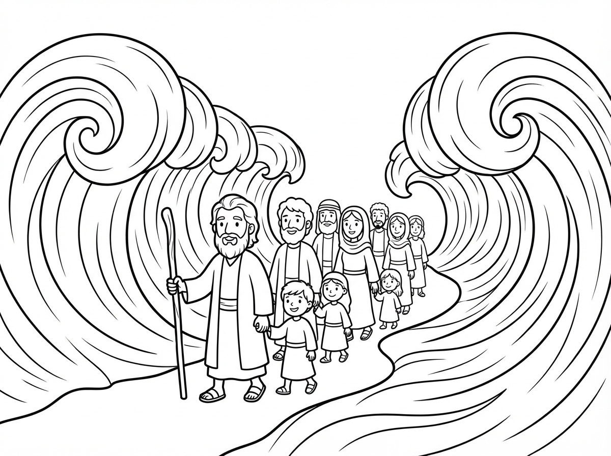 דף צביעה של בני ישראל חוצים את ים סוף